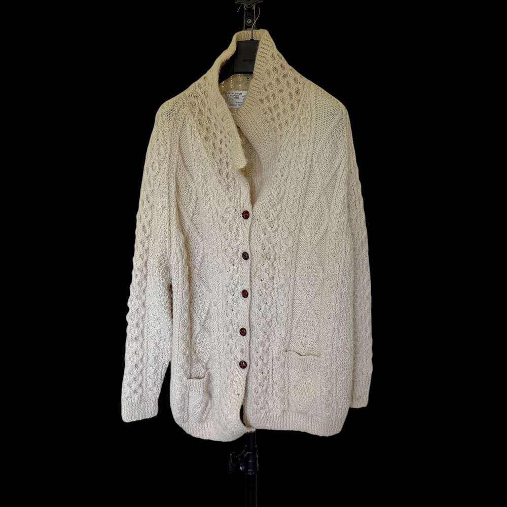 Glendalough Woollen Mills Cream Pure Wool Cable Knit Cardigan Ireland XL
